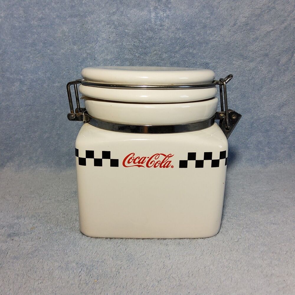 Vintage 2002 Coca-Cola Gibson Ceramic Canister 6" Tall Checkerboard Pattern